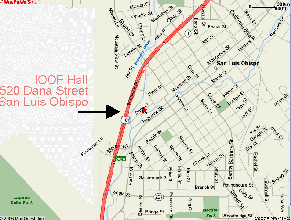 Map of San Luis Obispo indicating the location of the IOOF Hall